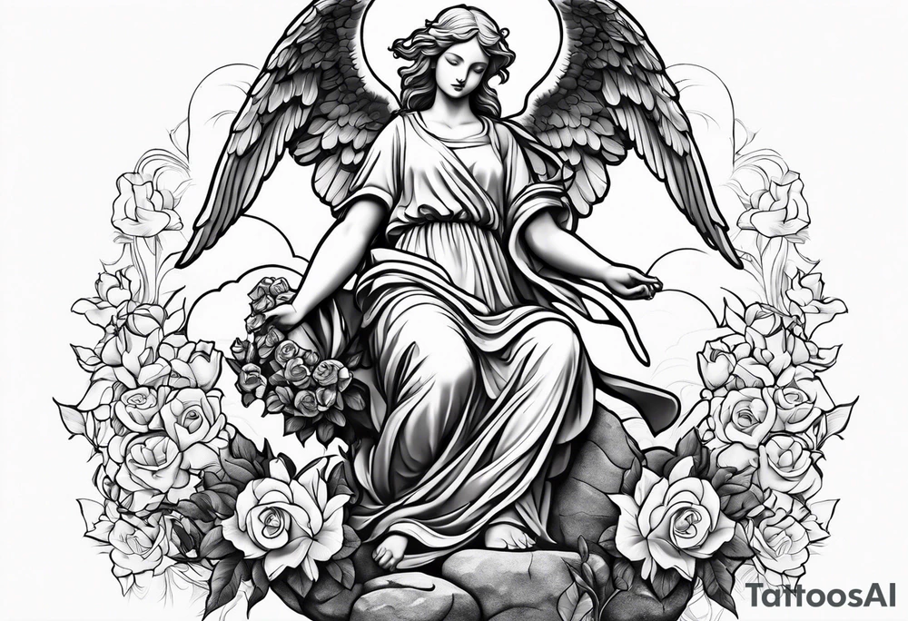 Simple Angel statue stood on a rock with daffodils and roses wrapped around its legs tattoo idea