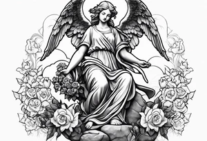 Simple Angel statue stood on a rock with daffodils and roses wrapped around its legs tattoo idea