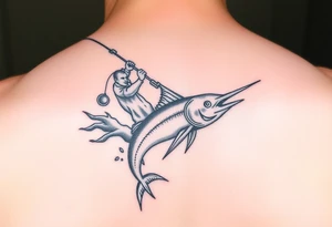 Hombre pescando 
en las rocas un pez marlin tattoo idea