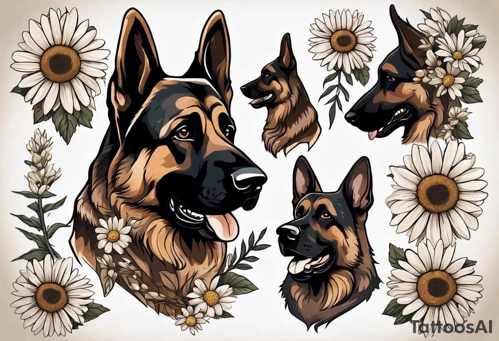Dark Brown German shepherd portrait surrounded by  daisies tattoo idea