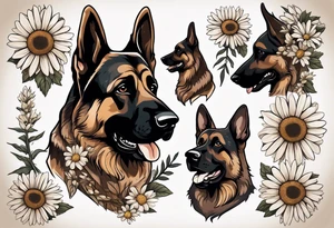 Dark Brown German shepherd portrait surrounded by  daisies tattoo idea