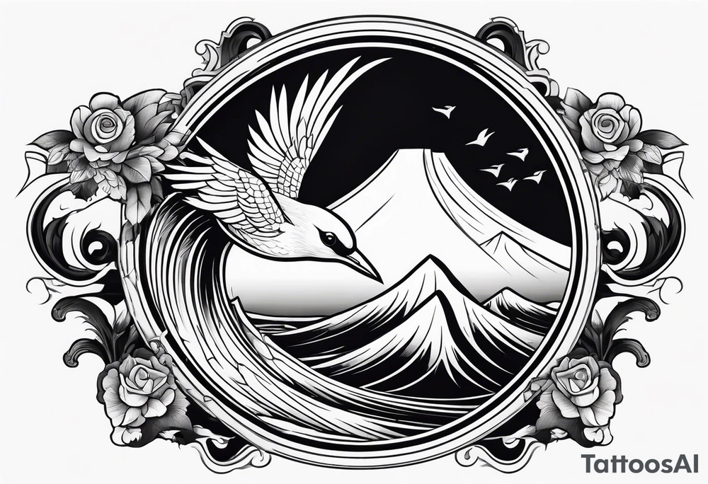 a bird surfing a japanese style wave inside an antique frame tattoo idea