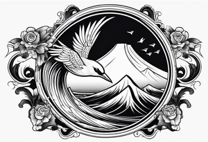 a bird surfing a japanese style wave inside an antique frame tattoo idea