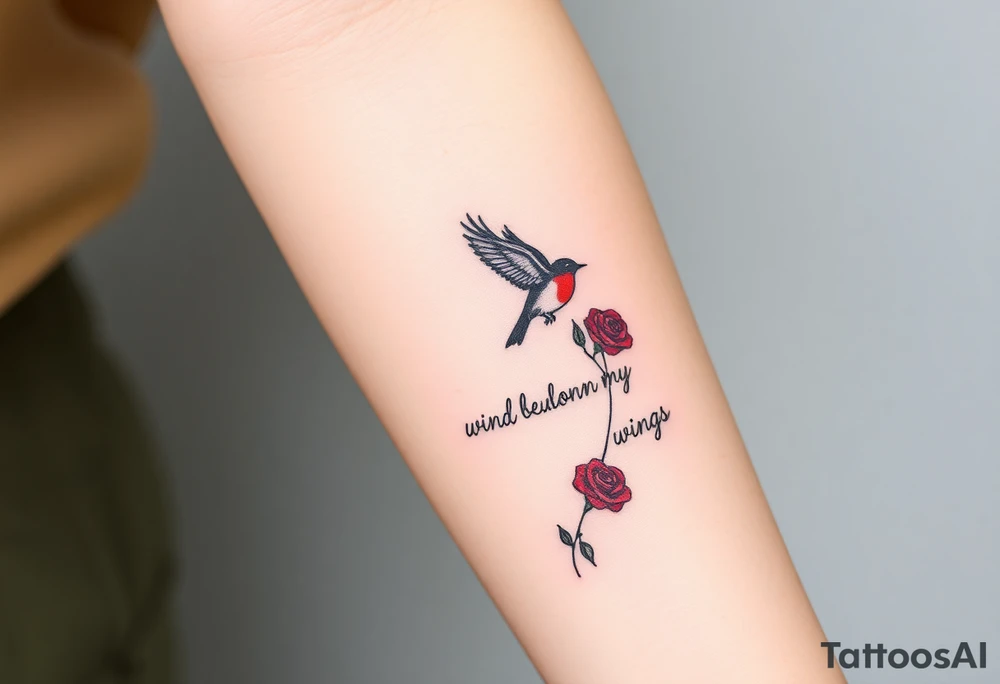 Soaring robin with trail of red rose petals with writing saying wind beneath my wings tattoo idea