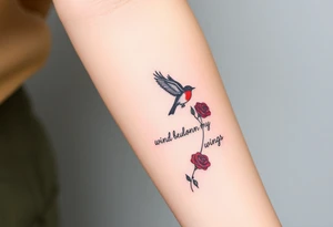 Soaring robin with trail of red rose petals with writing saying wind beneath my wings tattoo idea