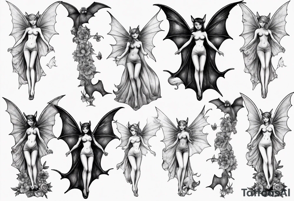 Fairy standing on top of bat tattoo idea