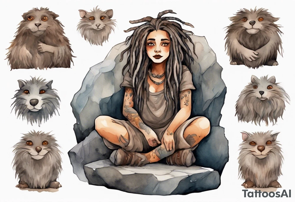 a plump mole woman with large round brown eyes grey fur and messy brown dreadlocks sitting in a simple stone throne in a cave tattoo idea