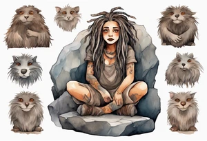 a plump mole woman with large round brown eyes grey fur and messy brown dreadlocks sitting in a simple stone throne in a cave tattoo idea