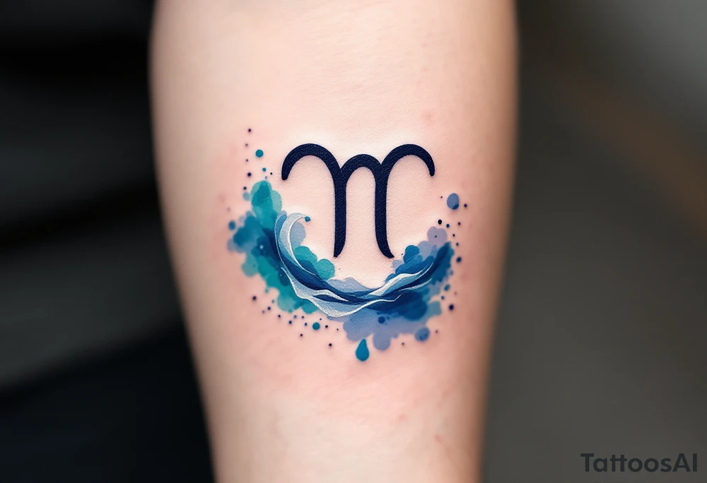 A minimalist Aquarius symbol, surrounded by soft watercolor waves in hues of turquoise, indigo, and silver. tattoo idea