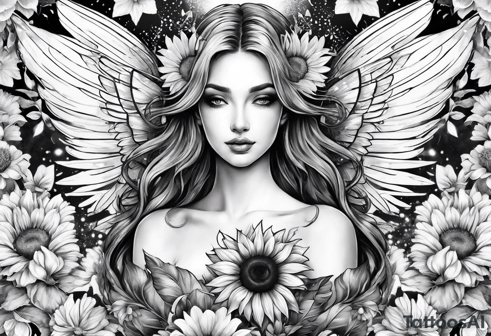 Sleeve with angel wings, sunflower and butterfly tattoo idea