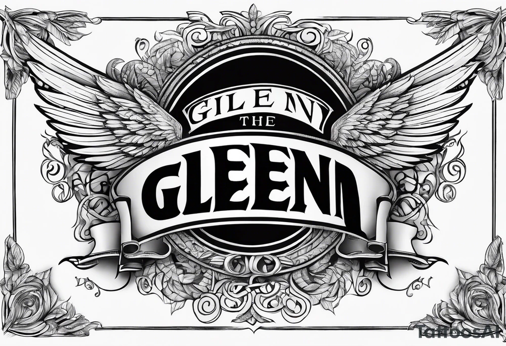 The word Glenn on a banner with angel Wings tattoo idea