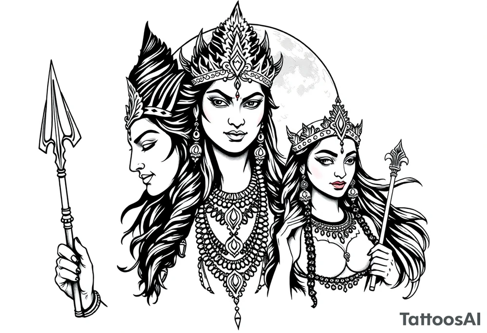 Lord Shiva, Godess Kali, Godess Lilith Together with the moon in the background tattoo idea