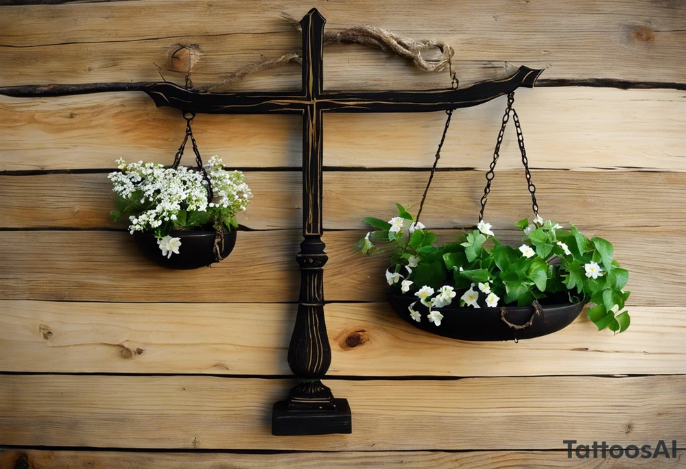 I need you to draw me a old libra scale out of tattered wood. The ends of the cross of wood need to be  broken. I need the bottom to look tattered possible cracks and holes  in wood of scale. I need vines with little white flowers wrapped all the way up the scale across the wood beam. And I want the scale bowls need to be attached by the vines. And I want the two weights of the scale to be wooden as well. They also need to look tattered. The weights need to be fastened on by the vines. I need to make it look like the ends of the vines on both scales is just loosely. I need to incorporate pieces koi fish in beautiful blues greens, and pinks.The fish need to be one on each scale balancing the scale and the tail of the left on, pointing down. the beautiful fish tail fins needs to be covering part of the tattered piece and the fish on the rights tail will be facing unpard with the fin of beauty starting to court the same pic the pieces fish need to be placed in the scale bowls the need to of large size to so theyv  Fill each scale and are persuading out the bowls tattoo idea