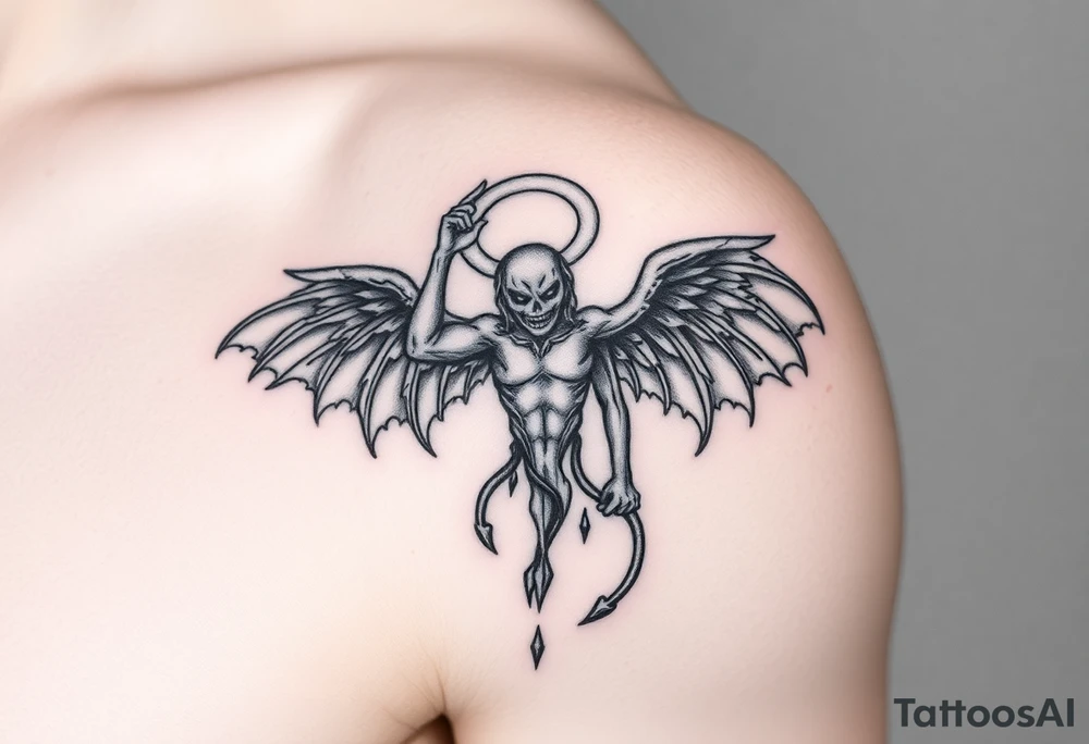 Lucifer’s fall to hell with his wings and halo fallen off tattoo idea