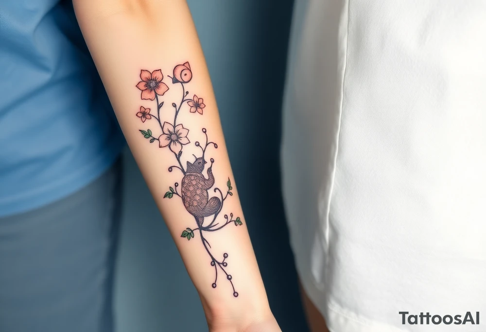 Full forearm design. Flowers on the vine. Include a snail, turtle, fox, and bear tattoo idea