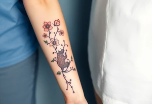 Full forearm design. Flowers on the vine. Include a snail, turtle, fox, and bear tattoo idea