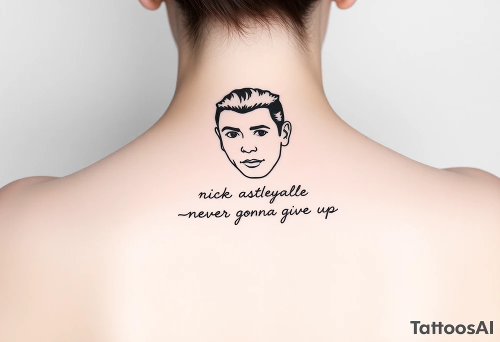 Rick Astley Face and Never Gonna Give You Up text tattoo idea