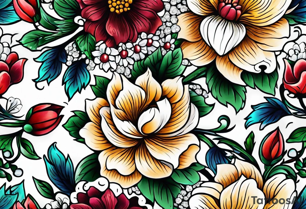Floral leg piece with beading and lace tattoo idea. colorful, old school flowers, highly detailed, florals. white background. intricate highly detailed, tattoo idea