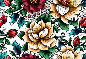 Floral leg piece with beading and lace tattoo idea. colorful, old school flowers, highly detailed, florals. white background. intricate highly detailed, tattoo idea