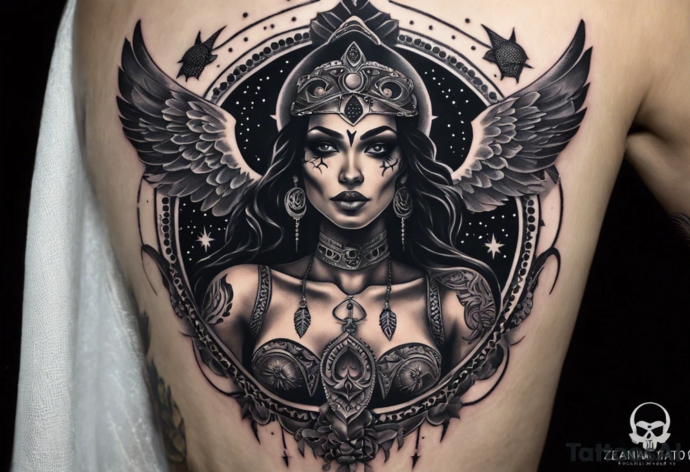 black kali, goddess pirate, alien, angel, pachamama, valkrye, warrior, flying, skull, lotus azul, wing, eagle, zenza resonance, stars, 5D, anahata chakra, death, durga, riding on a tiger, flying lady, chest tatoo tattoo idea