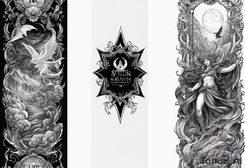 arm sleeve heaven at the top, satan falling down hellscape at bottom tattoo idea