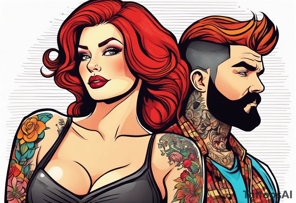 Busty Red haired woman with black haired bearded man tattoo idea