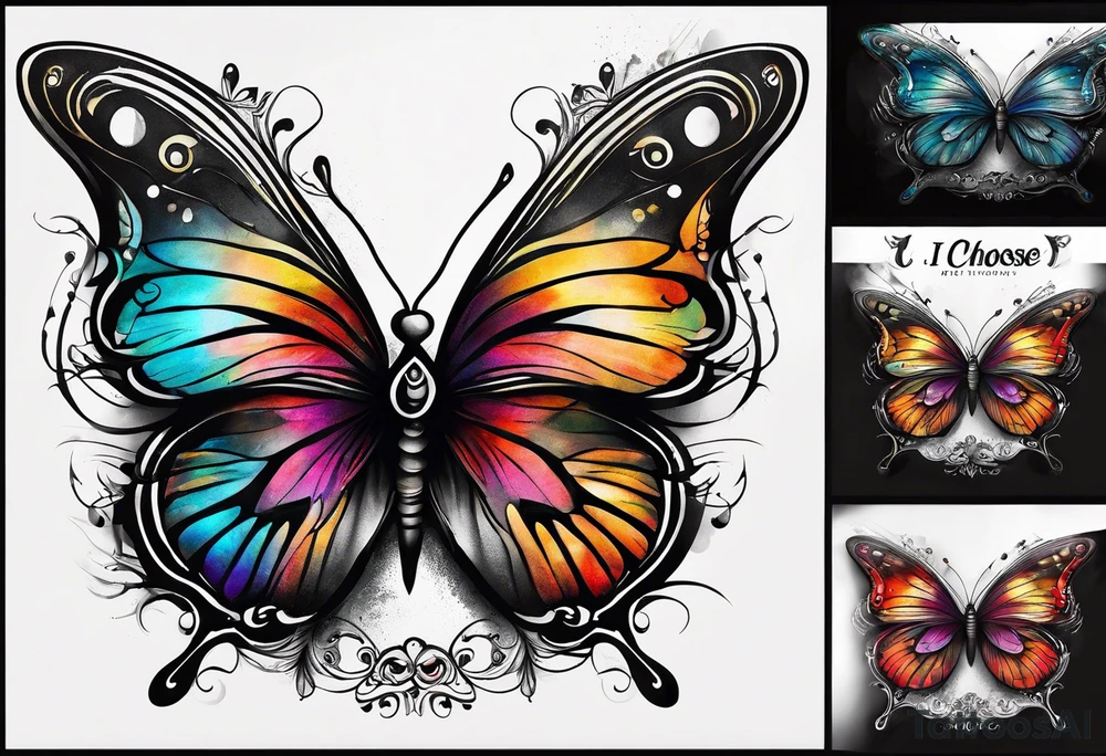 butterfly with one wing black scribbles, the other wing beautiful and colorful, the body has the date 1.9.2023 and the words written "I chose to live." tattoo idea