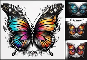 butterfly with one wing black scribbles, the other wing beautiful and colorful, the body has the date 1.9.2023 and the words written "I chose to live." tattoo idea