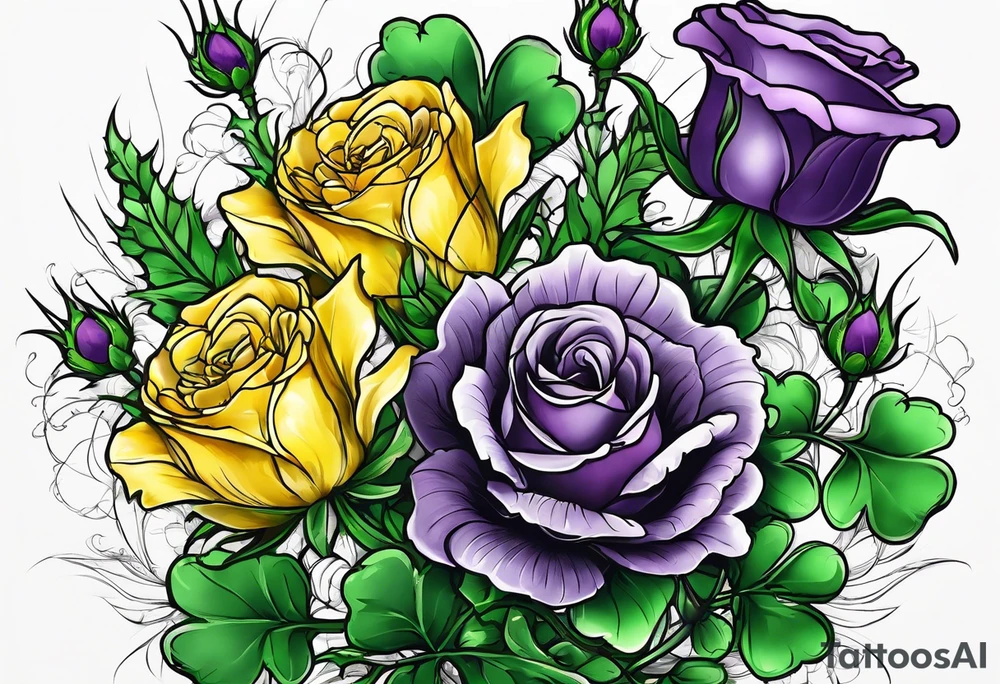 3 flowers, A purple thistle and a yellow rose and a green shamrock, whose stems spell K N D. tattoo idea