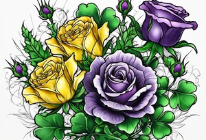3 flowers, A purple thistle and a yellow rose and a green shamrock, whose stems spell K N D. tattoo idea