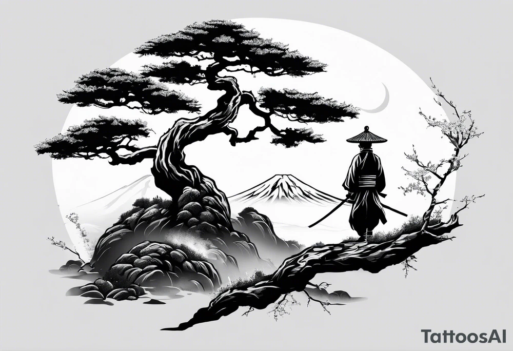 samurai and bonsai tree in japan tattoo idea