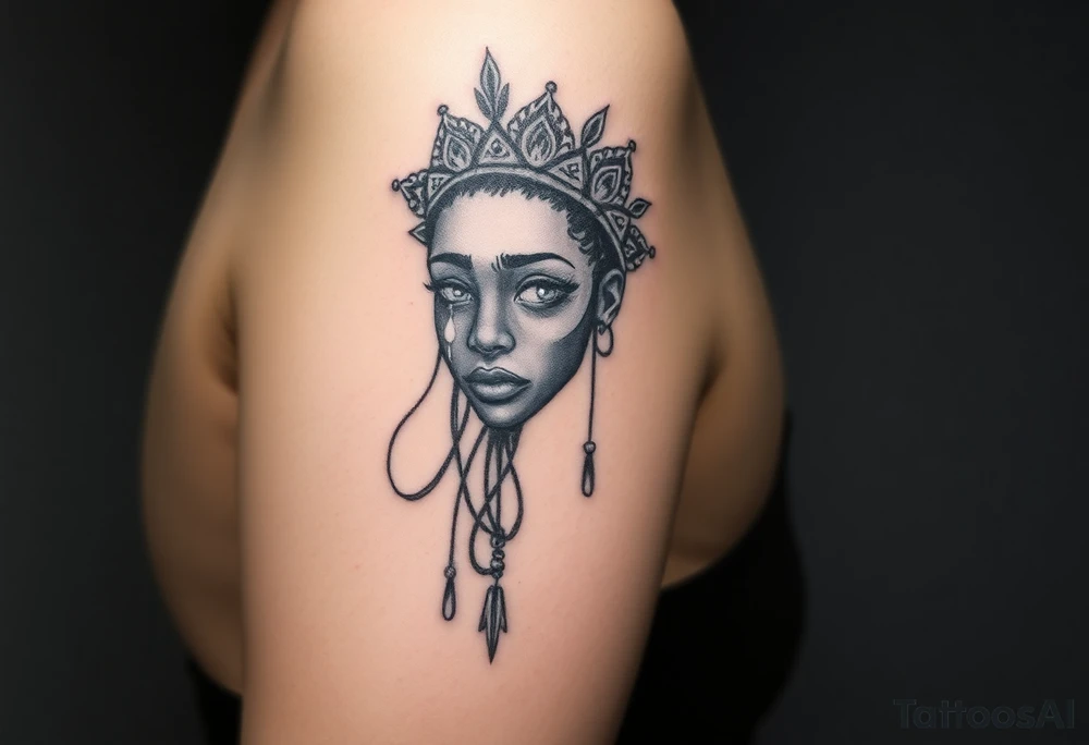 African goddess with white eyes crying white tears tattoo idea