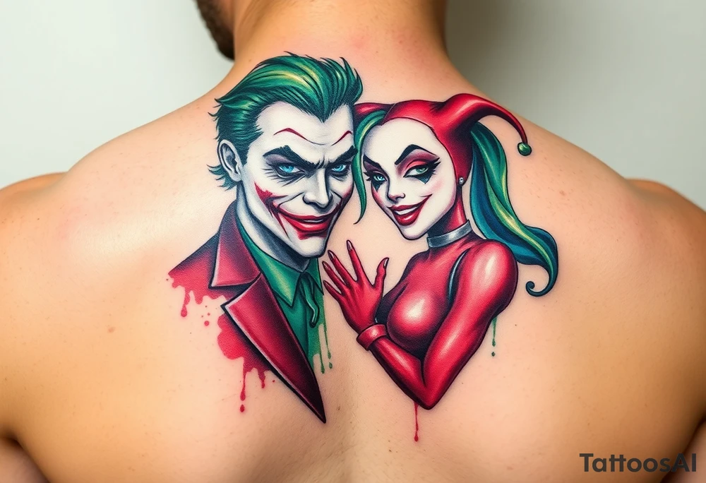 graphic 3d joker and Harley quin together design tattoo idea