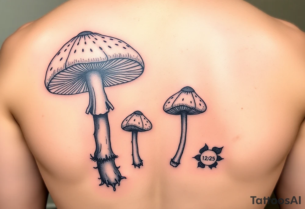 Psychedelic mushrooms two big four small with the stems of the small ones being their birth date which is 8/3/18, /9/10/21, 11/18/22 and 1/20/25. More color tattoo idea