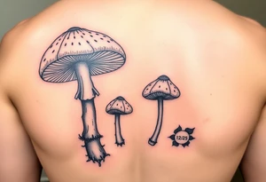 Psychedelic mushrooms two big four small with the stems of the small ones being their birth date which is 8/3/18, /9/10/21, 11/18/22 and 1/20/25. More color tattoo idea