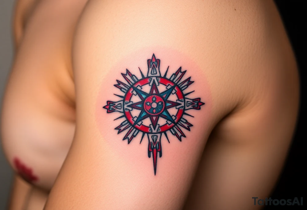 A Sun Dial in the Shape of a Cross with Egyptian Symbols (only red , blue and black are possible colors) tattoo idea