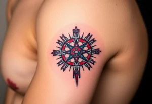 A Sun Dial in the Shape of a Cross with Egyptian Symbols (only red , blue and black are possible colors) tattoo idea