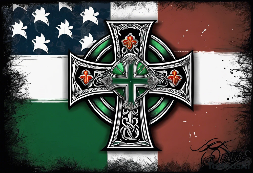 Celtics  cross with tattered anerican flag hanging over one and matching Irish flag on other tattoo idea