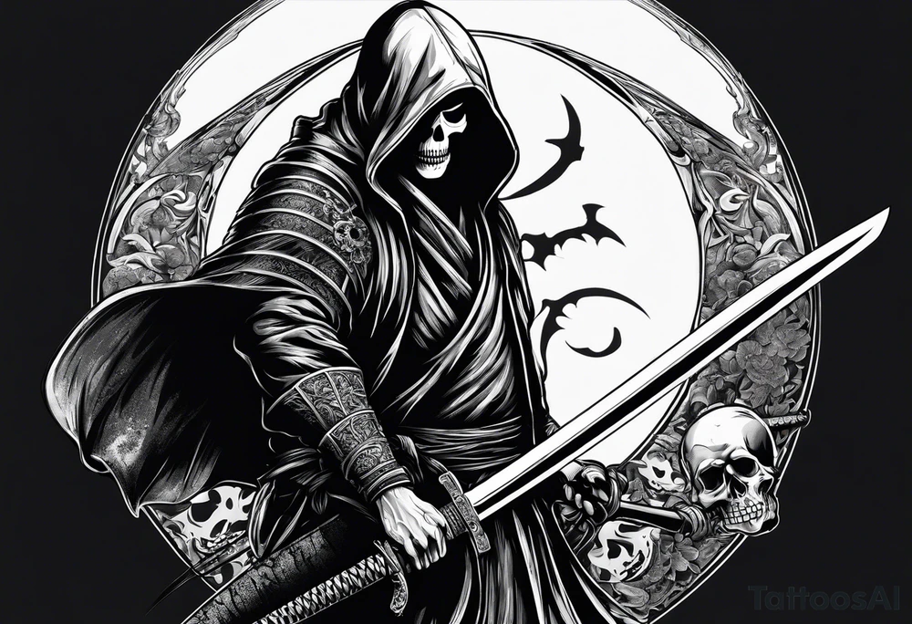 katana with grim reaper and skull tattoo idea