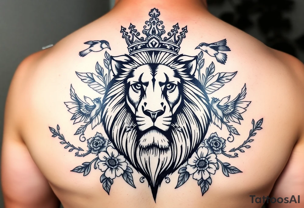 powerful majestic lion with a crown, surrounded by floral ornaments and birds tattoo idea