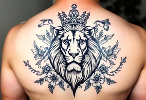 powerful majestic lion with a crown, surrounded by floral ornaments and birds tattoo idea