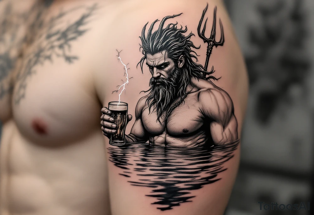 young, fit poseidon in calm water, holding a trident, holding a beer, with lightning tattoo idea