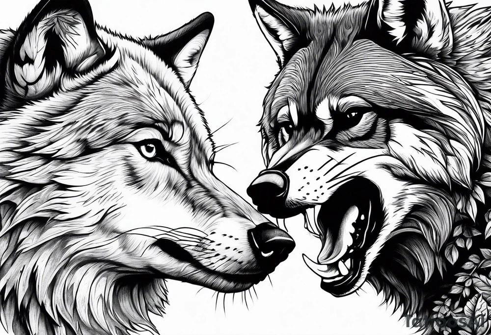 fight between Wolf and raccoon
Background Woods tattoo idea