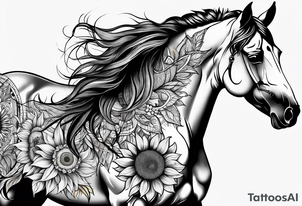 Horse, compass, sunflower tattoo idea