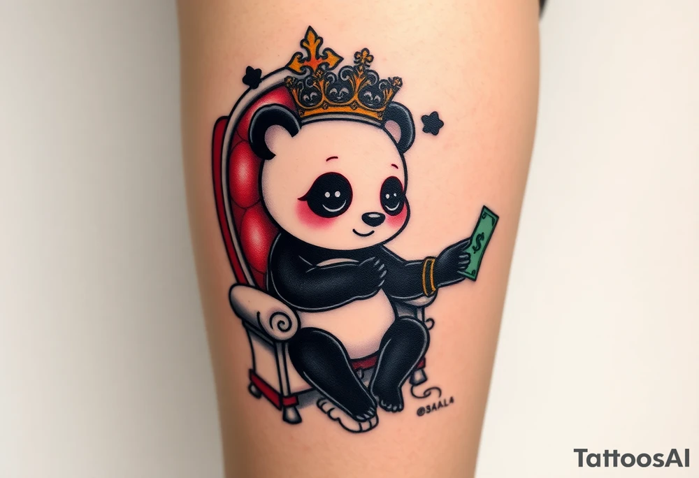 powerful superior panda with a crown, sexy princess on a throne holding hand out to be handed money tattoo idea