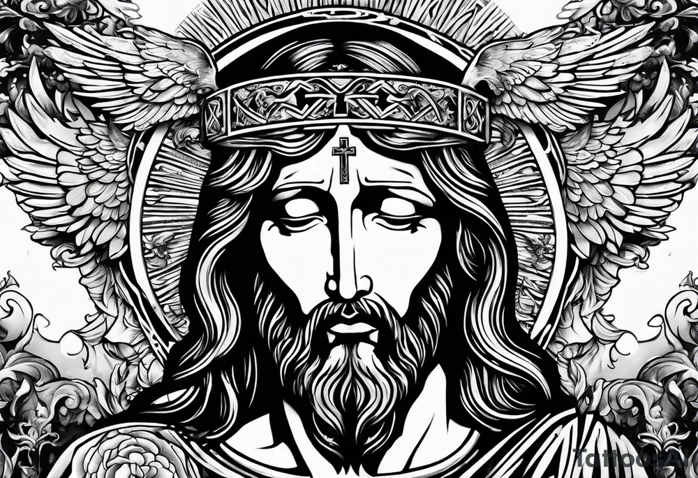 Black and white Jesus cross and angels tattoo idea