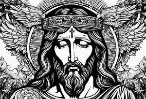 Black and white Jesus cross and angels tattoo idea