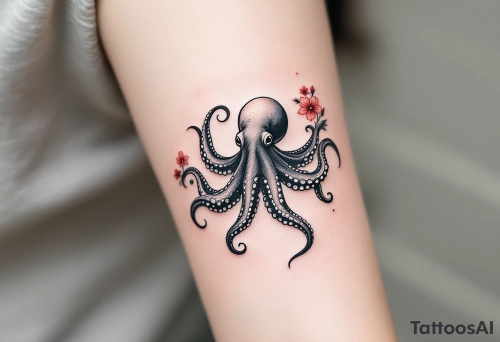 A small realistic black and grey tattoo of an octopus, cute, with detailed shading and soft linework, showing the octopus with swirling tentacles, on light skin. ornamental flowers around with red ink. The style is minimalistic and elegant, resembling fine-line tattoo with a shadow tattoo idea