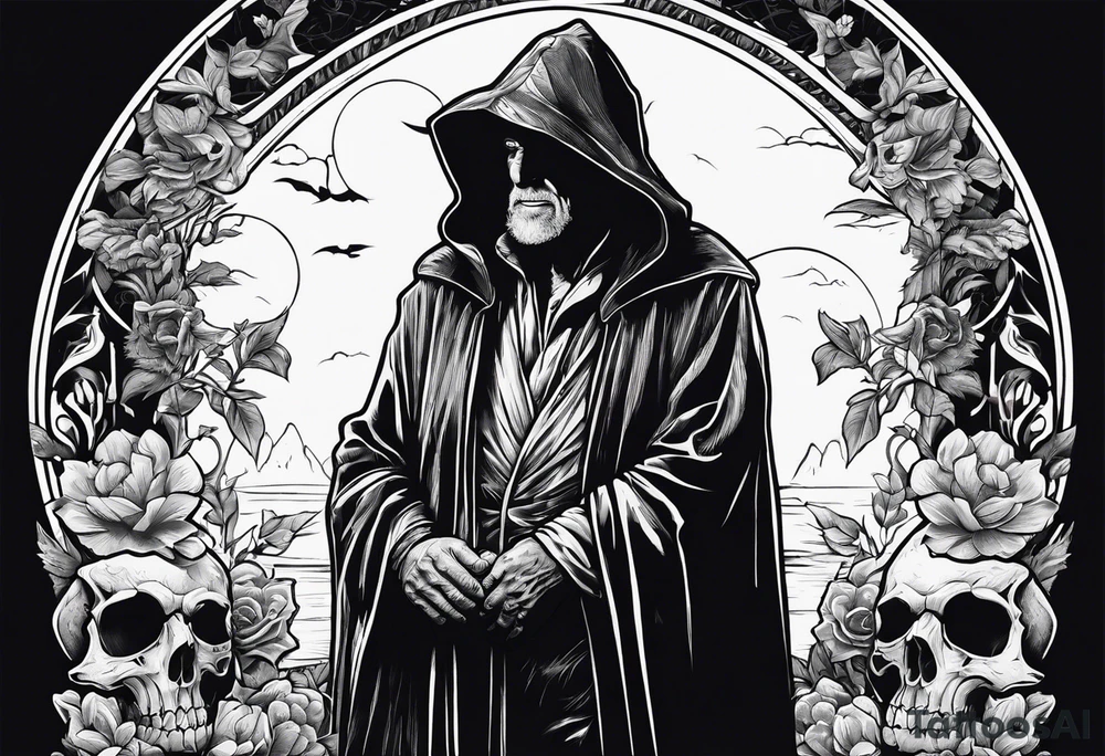 old man in cloak wrestling with a skeleton tattoo idea