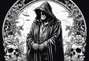 old man in cloak wrestling with a skeleton tattoo idea